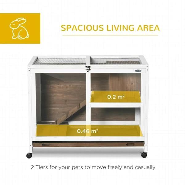 Brown wooden rabbit hutch with two tiers, mesh top, and lower base platform