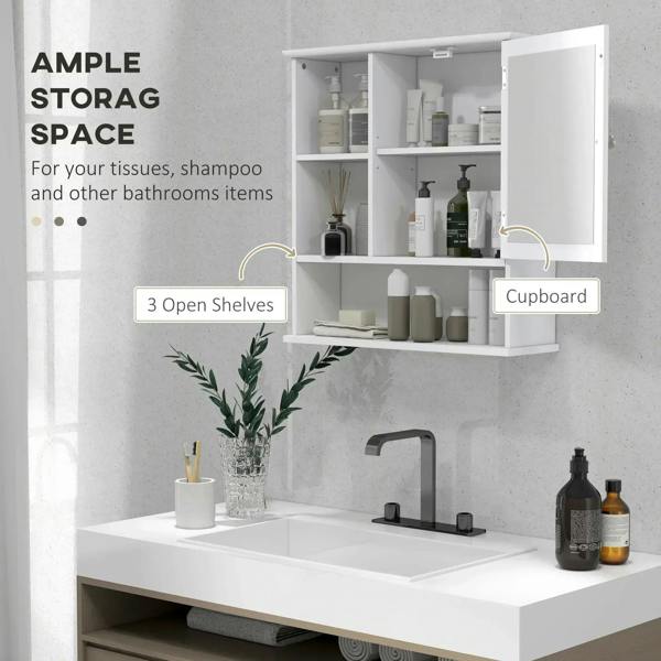 White wall-mounted bathroom cabinet with mirror, open shelves, and cupboard storage