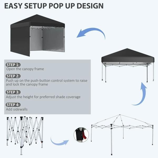 Black pop up gazebo tent with easy setup pop-up frame and sidewalls