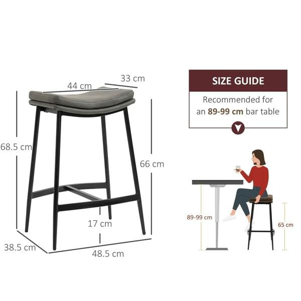 Grey bar stool with curved seat and black frame shown with dimension diagram