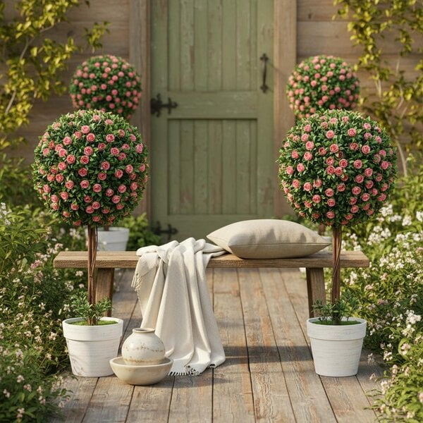 Wyld Haus Roviyo Set Of 2 Artificial Rose Flower Topiary Ball Trees In Pots H8 60cm Pink