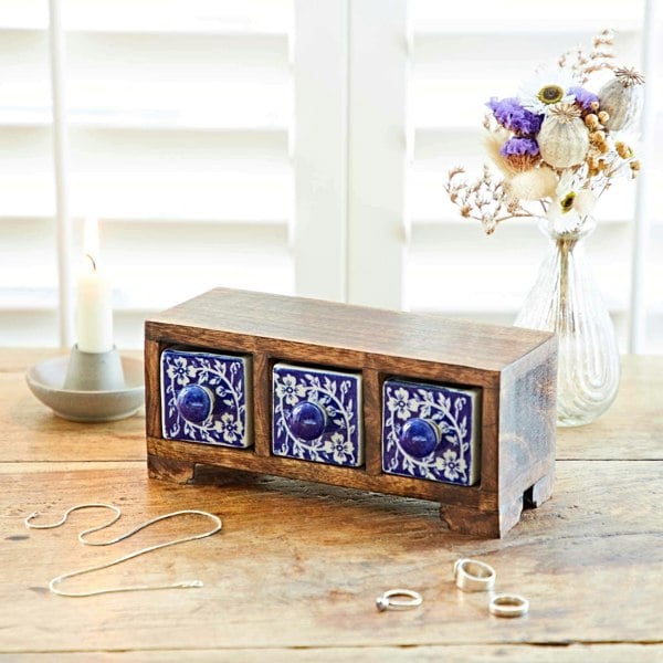 Paper High Blue Floral Mango Wood 3 Drawer Jewellery Box