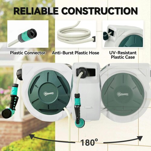 Bobobiy Retractable Hose Reel Wall Mounted, 30+2m Garden Hose Pipe Reel with Lock, 7 in 1 Spray Nozzle, 180° Swivel, 59 x 23 x 42 cm, Grey