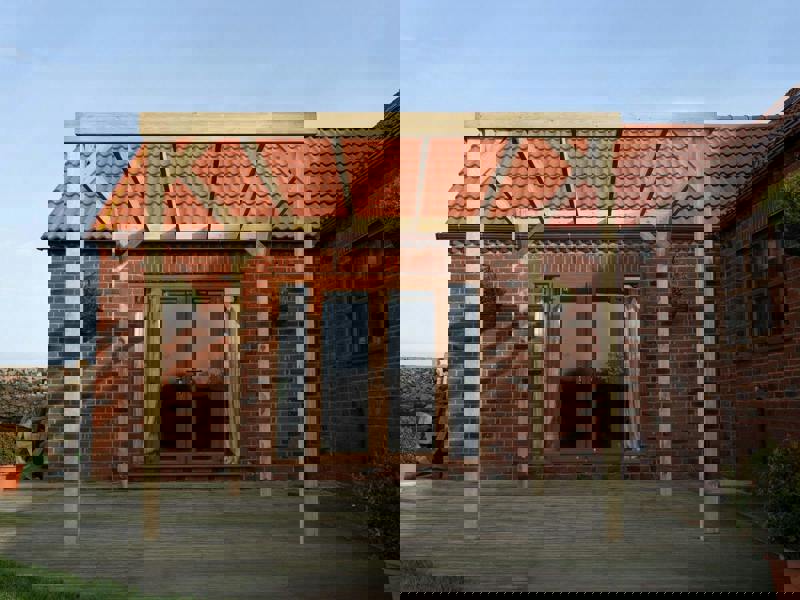 Box-style wooden garden pergola kit made from high quality timber, featuring straight square posts and beams with a clean, modern open frame design for gardens, patios, and outdoor seating areas.