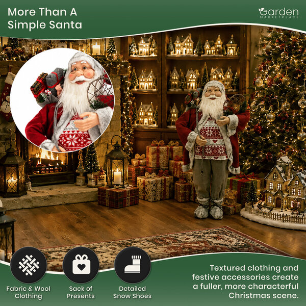 90cm Freestanding Father Christmas Figure with Presents Sack & Snowshoes, Rustic Santa Decoration with Fabric & Wool Clothing