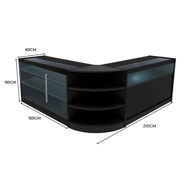 Black Demeter LED Shop Counter Set featuring sleek glass shelves, modern design, and precise dimensions for retail display