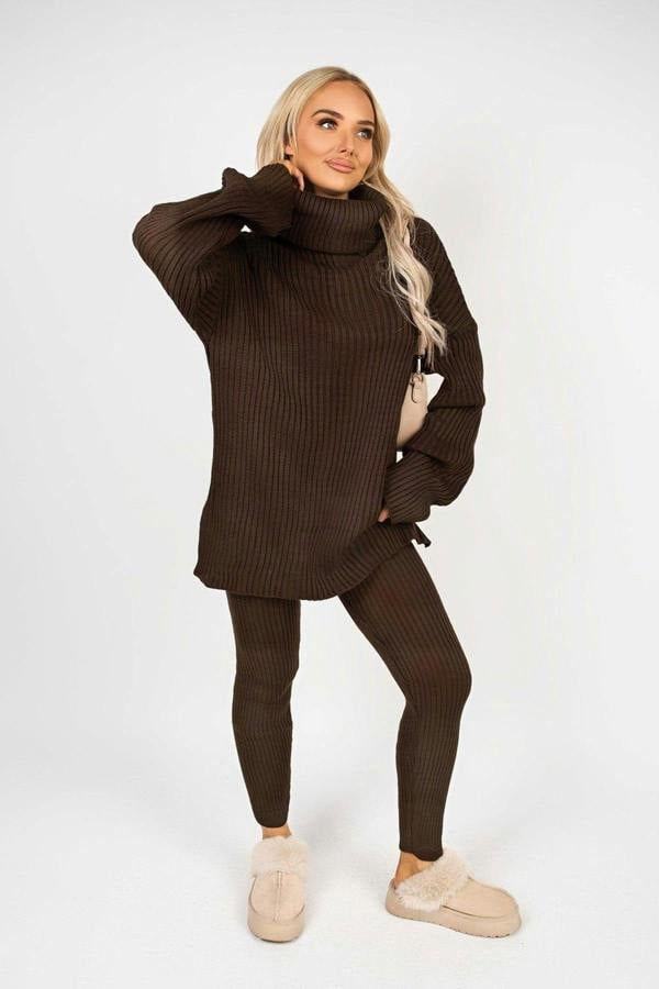 ikrush Mila Chunky Knitted High Roll Neck Top Bottom Co-ord Set