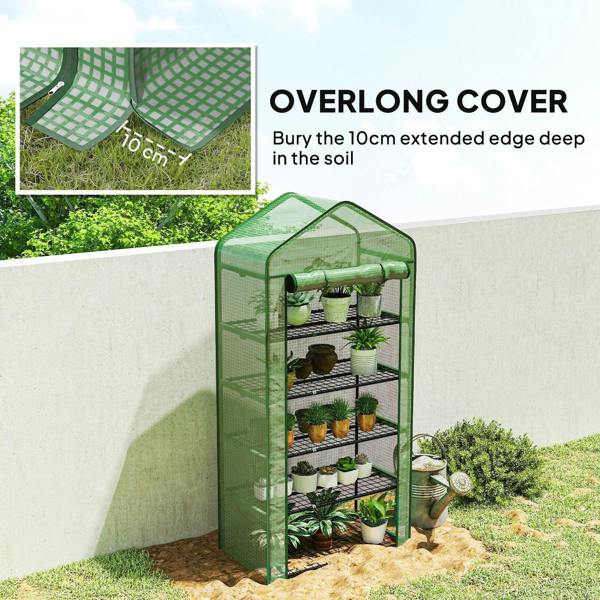 Green mini greenhouse with overlong cover edge for burying and five wire shelves.