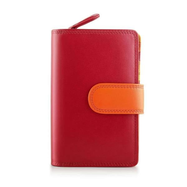Front view of Red wallet with an orange strap against a white background