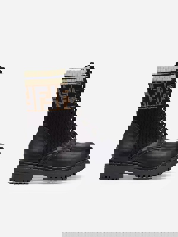 Fendi Kids Leather FF Logo Biker Boots in Black