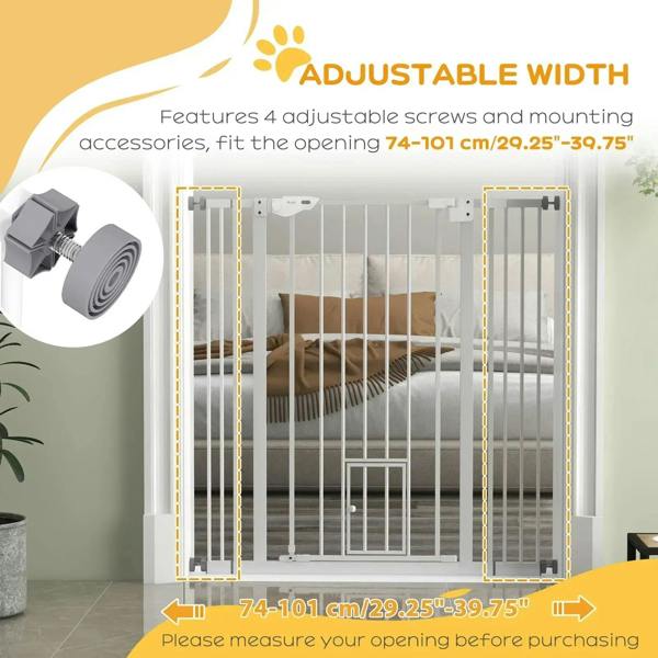 White extra-tall pet gate with adjustable width mounting and screws detail