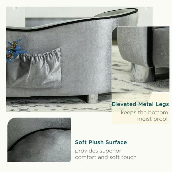 Grey pet sofa chair with removable cushion and plush fabric surface, black trim