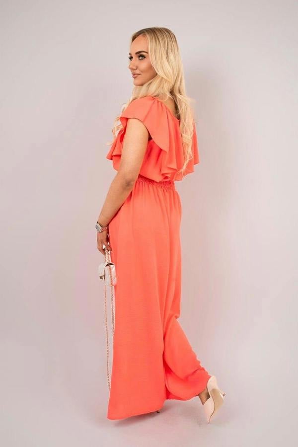 Tawnie Off Shoulder Flared Wide Leg Jumpsuit With Ruffle Detail - Coral