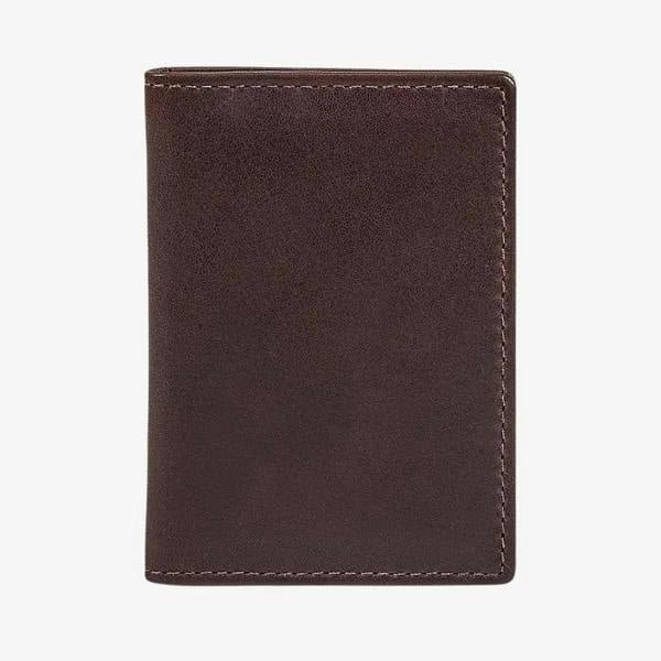 Front view of Brown leather card holder on a white background