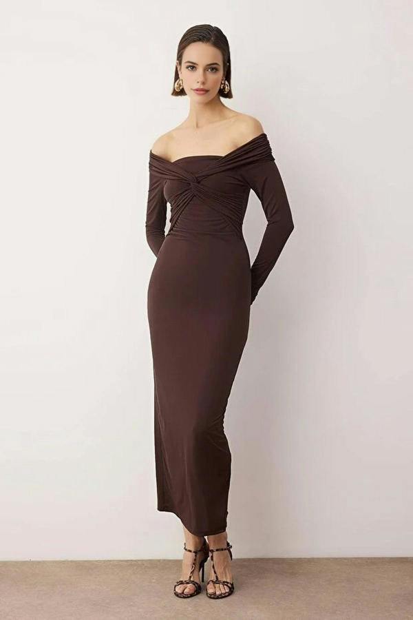 WOVCOR Collar Detail Knitted Midi Unlined Evening Dress