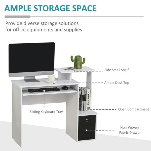 White computer desk featuring sliding keyboard tray, open compartment, and black fabric drawer