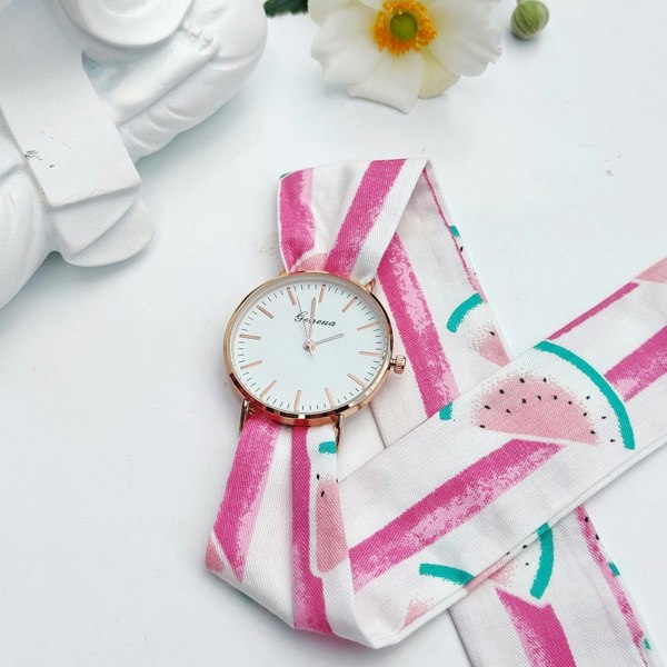 The Colourful Aura Blue Watermelon Print Cotton Tie Knot Strap Geneva Boho Wristwatch - Pink/Blue