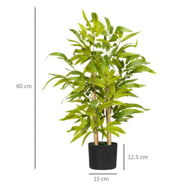 Artificial bamboo tree in black pot, green leaves; dimensions shown: 60 cm tall
