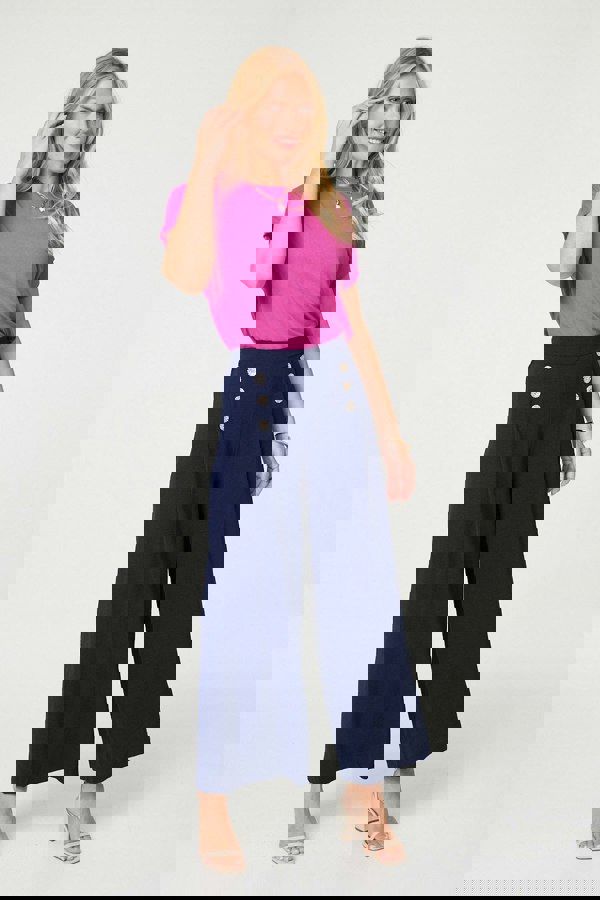 Navy | Button Detail Wide Leg Trousers