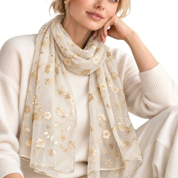Love EMVY Ladies Sheer Floral Scarf with Gold Effect Print 180 x 70cm - White