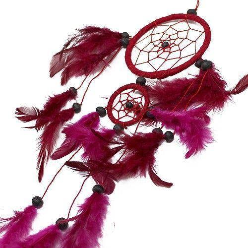 Red and black round dreamcatcher with net web, feather fringe, and bead accents