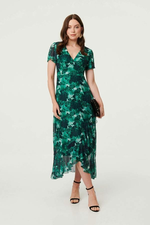 Green | Floral Semi Sheer Frilled Hem Maxi Dress : Model is 5'9"/175 cm and wears UK8/EU36/US4/AUS8