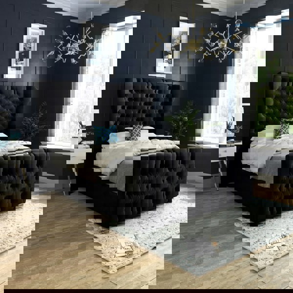 Casa Magna Parma Wide Curved Winged Upholstered Soft Velvet Bed Frame - Black