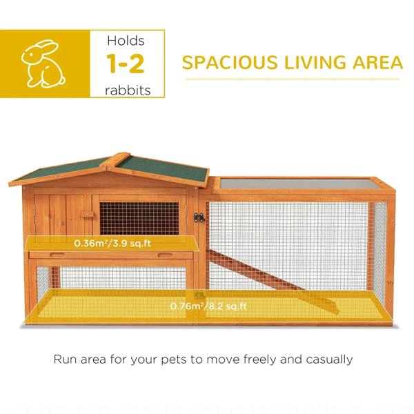 Orange rabbit hutch with spacious living area, wire mesh sides, and green roof mat