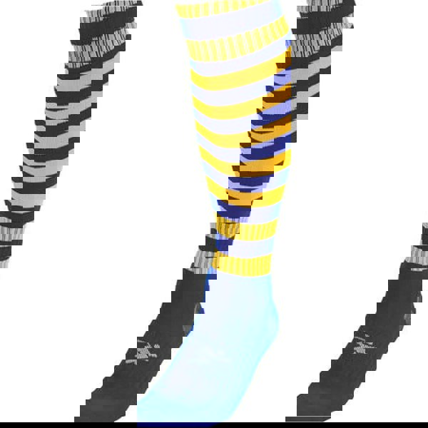 JUNIOR Size 12-2 Hooped Stripe Football Socks - ROYAL BLUE/GOLD Contoured Ankle