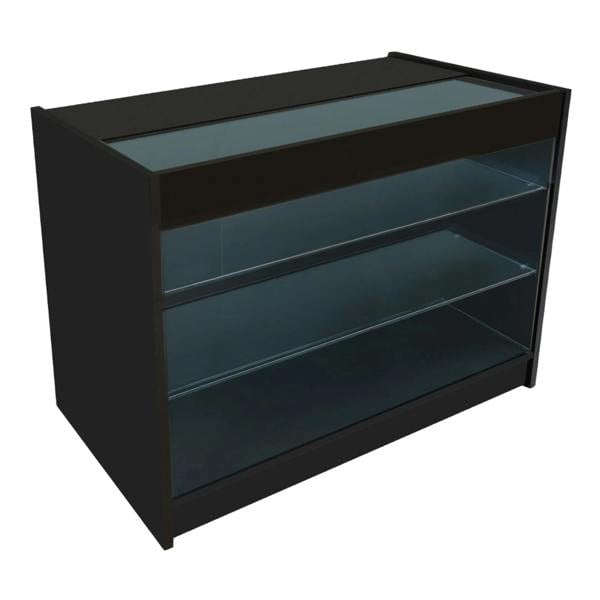 Astro LED shop counter set in sleek black, featuring a glass top, two open shelves, and modern design for retail displays
