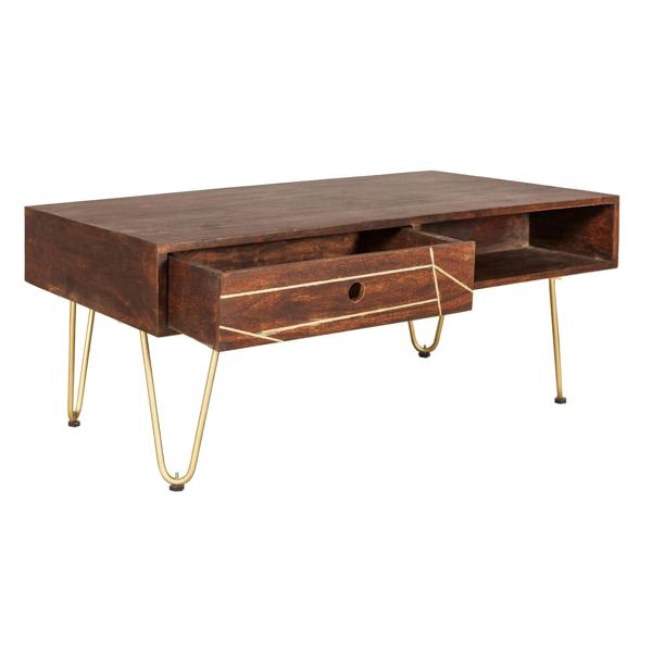 Wyld Haus Bandung Dark Mango Wood and Gold Rectangular Coffee Table 1 Drawer 1 Open Shelf