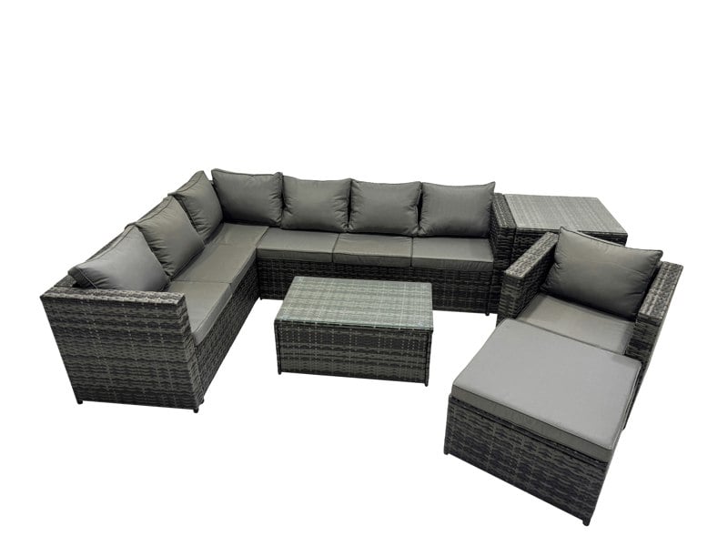 Fimous Outdoor Rattan Rectangular Coffee Table Corner Sofa Sets Garden Furniture Set with Side Table Big Stool Dark Grey Mixed