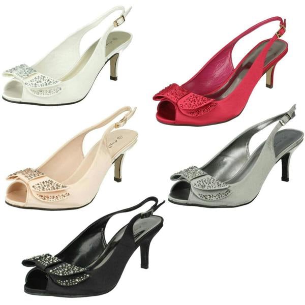 Anne Michelle Ladies Anne Michelle Mid Heel Peep Toe Diamante Bow Vamp Court Shoes