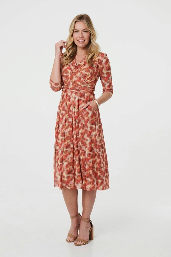 Red | Printed 3/4 Sleeve Midi Faux Wrap Dress
