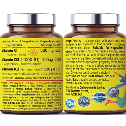 Dietapplements Vitamin D3, Vitamin K2 & Vitamin C for the Immune System & Bones