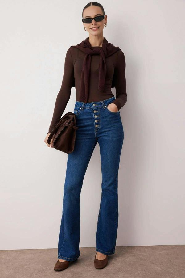 WOVCOR High Waist Flare Jeans with Button Front