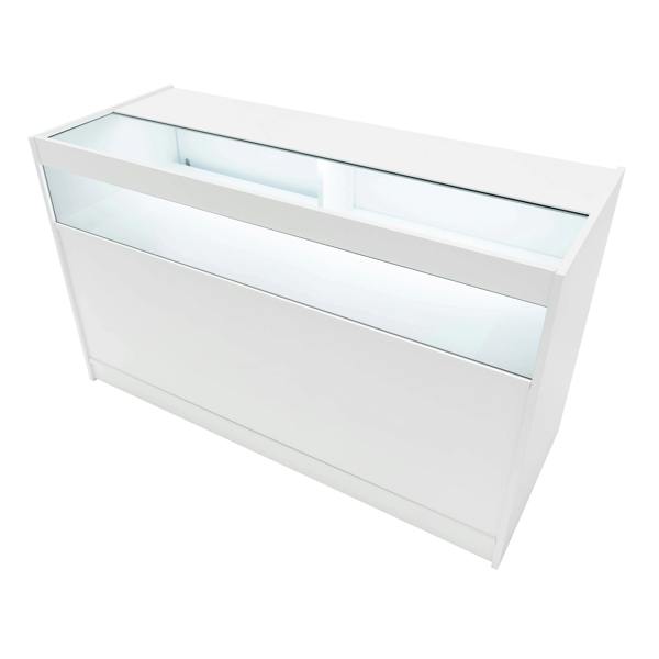 White Demeter LED shop counter set featuring sleek design, glass display top, and illuminated interior for showcasing products