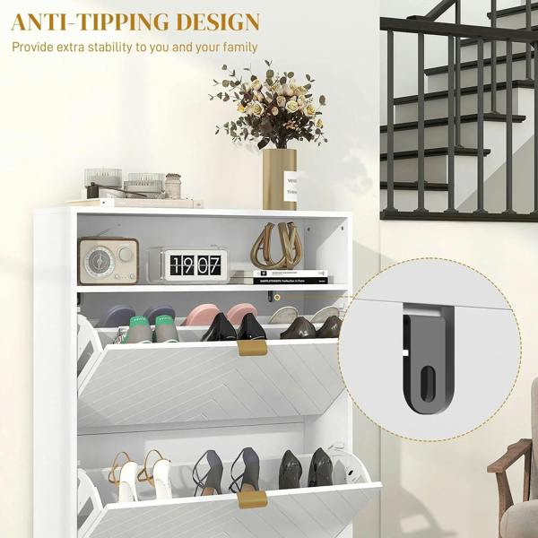 White shoe cabinet showing anti-tipping bracket and open shelves with shoes
