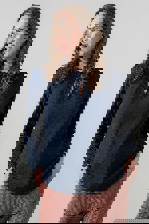 Lily & Me Emily Textured Jacquard Keyhole Blouse Navy