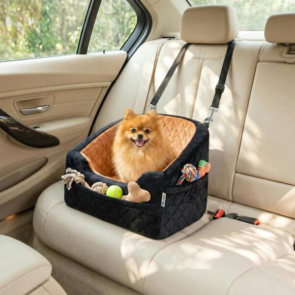 Dog Car Seat, Detachable Washable Dog Booster Seat with Thick Cushion, Seat Belt, Pockets for Small Under 10kg, Brown - Brown