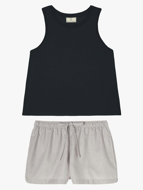 Women's PJ Shorts & Vest Set – Armoury Grey Herringbone & Joni Black Tank Top - British Boxers