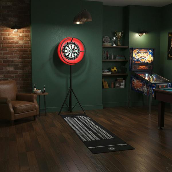 Dartboard LED ring light in vibrant red, mounted on a tripod, illuminating a stylish game room with wooden floors and green walls