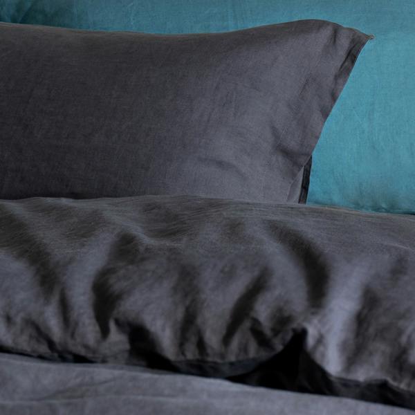 Midnight Grey French Linen 40cm Deep Fitted Sheets in a styled bedroom 5 | Soak and Sleep