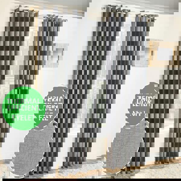Enhanced Living Grey Plain Textured Thermal Room Darkening Energy Saving Pair of Curtains For Bedroom & Living Room