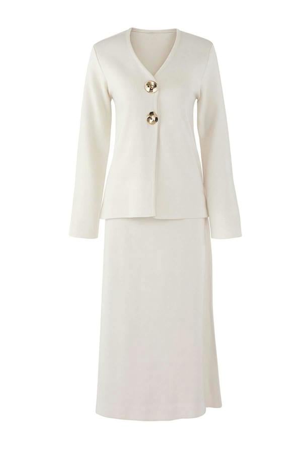 2-Piece Gold Button Detail V Neck Knitted Cardigan and Skirt Co-ord