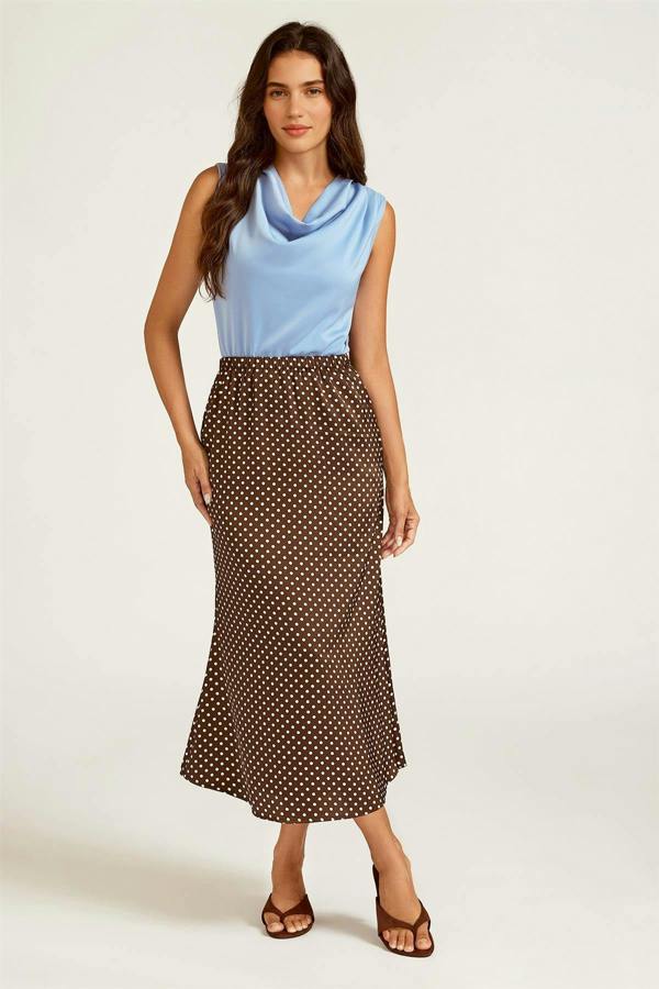 FS Collection Polka Dot Print Satin Midi Skirt In Brown