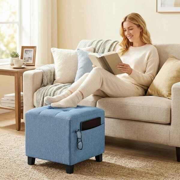 Small Ottoman, Square Footstool with Side Pocket, Rubber Wood Legs and Padded Seat for Living Room, Dark Blue - Dark Blue