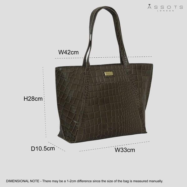 Assots London 'AGNES' Olive Croc Real Leather Designer Tote Bag