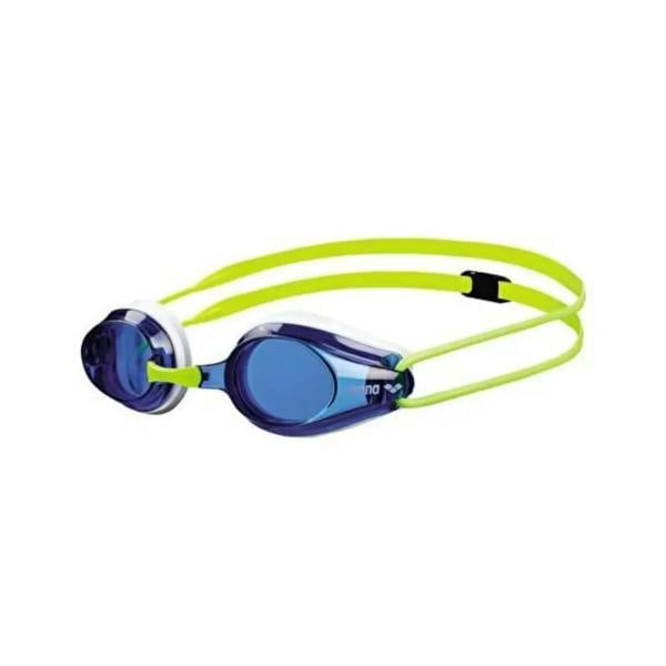 Arena Tracks Junior swim goggles with blue lenses and neon green straps