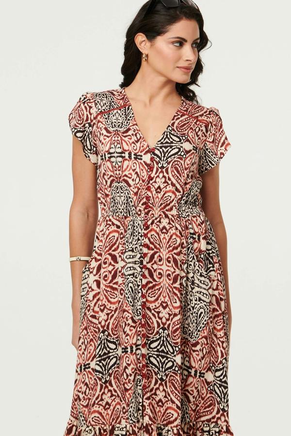 Red | Printed Cap Sleeve Midi Dress